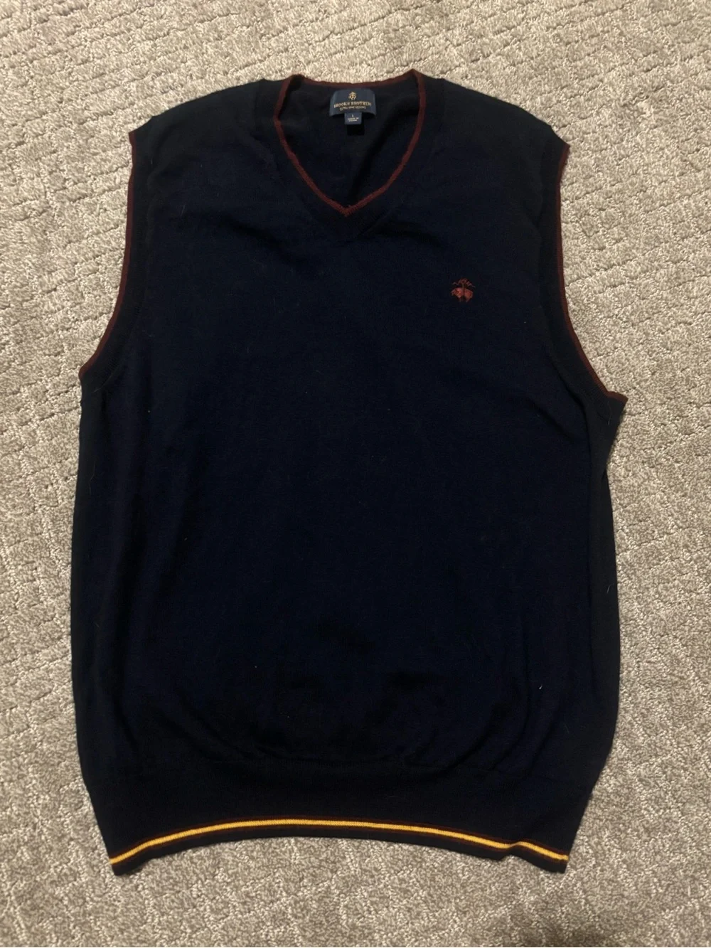 Brooks Brothers | Navy V-Neck Sweater Vest with Red Trim | Men’s Size L